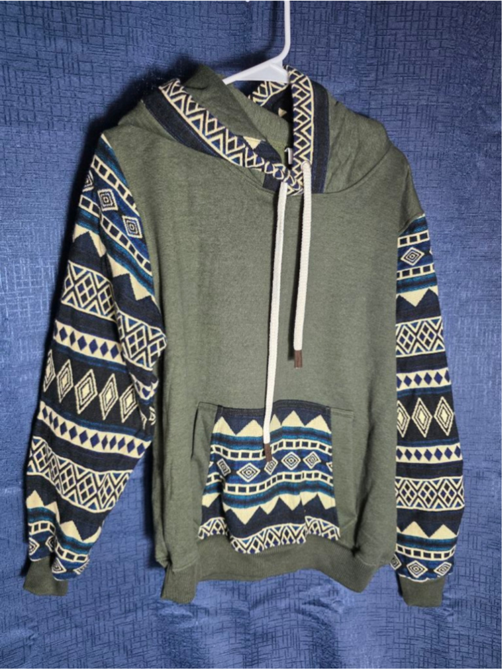 Men's Unbranded Olive Green & Blue Patterned Hoodie S Aztec handmade heavy 80's
